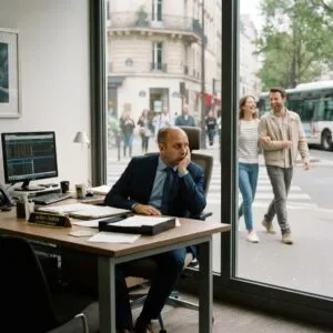 Conseiller bancaire dans une agence vide